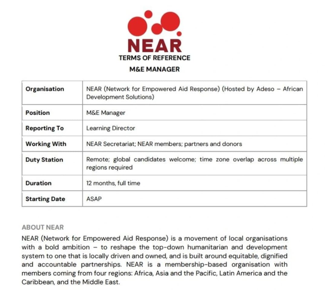 NEAR Seeks Monitoring, Evaluation and Learning Expert | Apply by 10 August 2026
