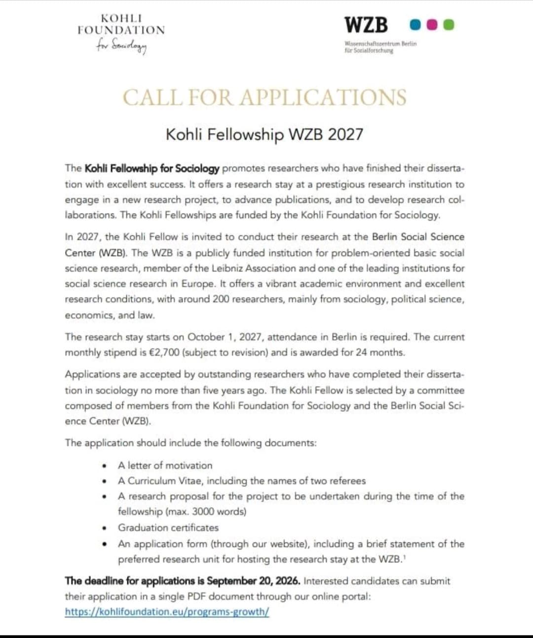 Kohli Fellowship WZB 2027 in Sociology: Earn €2,700 Monthly Research Fellowship in Berlin