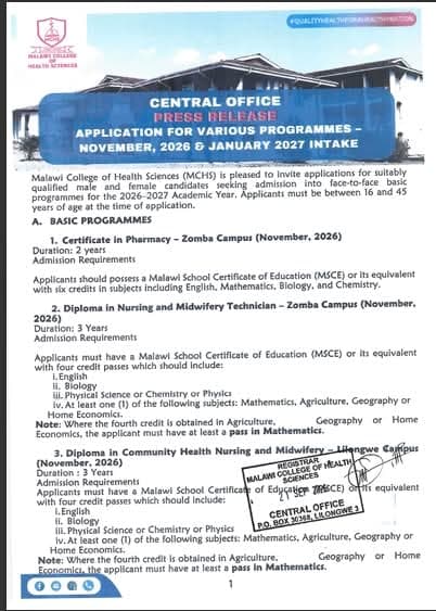 MALAWI COLLEGE OF HEALTH SCIENCES APPLICATIONS OPEN FOR NOVEMBER 2026 & JANUARY 2027 INTAKE.