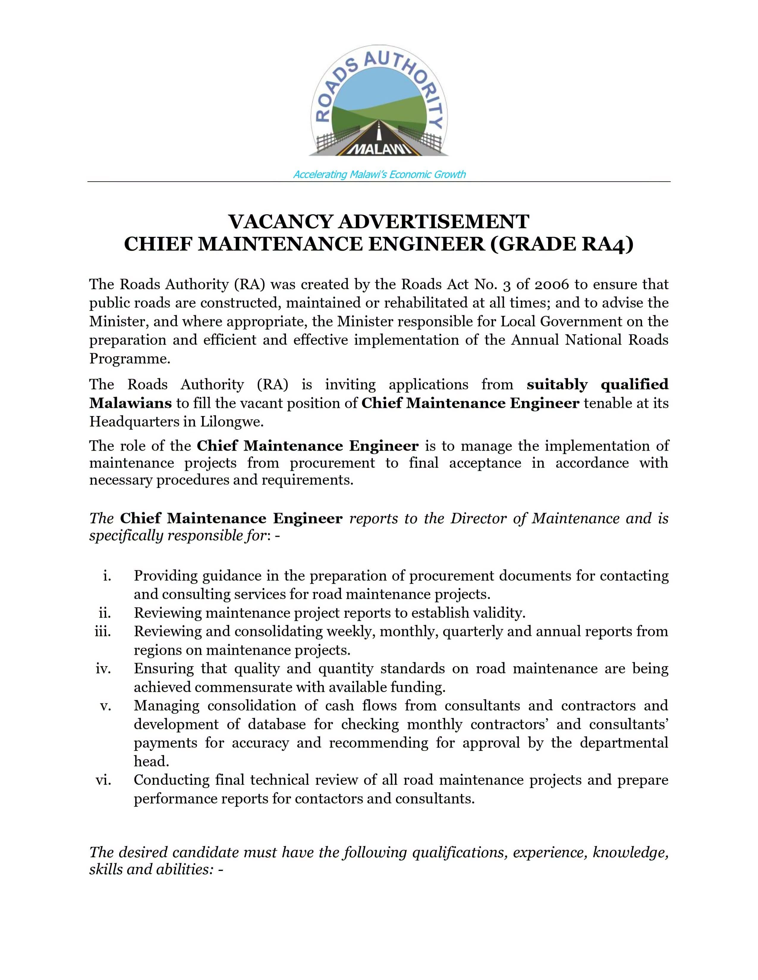 π£οΈ CHIEF MAINTENANCE ENGINEER (GRADE RA4) β ROADS AUTHORITY (RA)