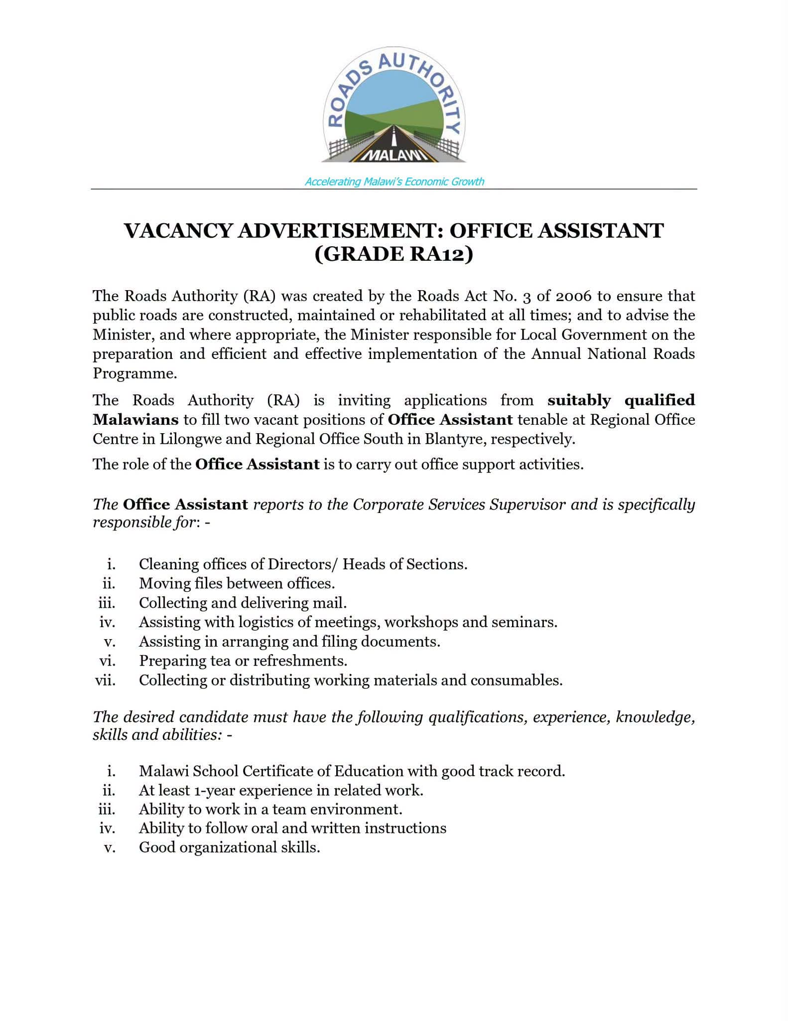 π§Ή OFFICE ASSISTANT (GRADE RA12) β ROADS AUTHORITY (RA)