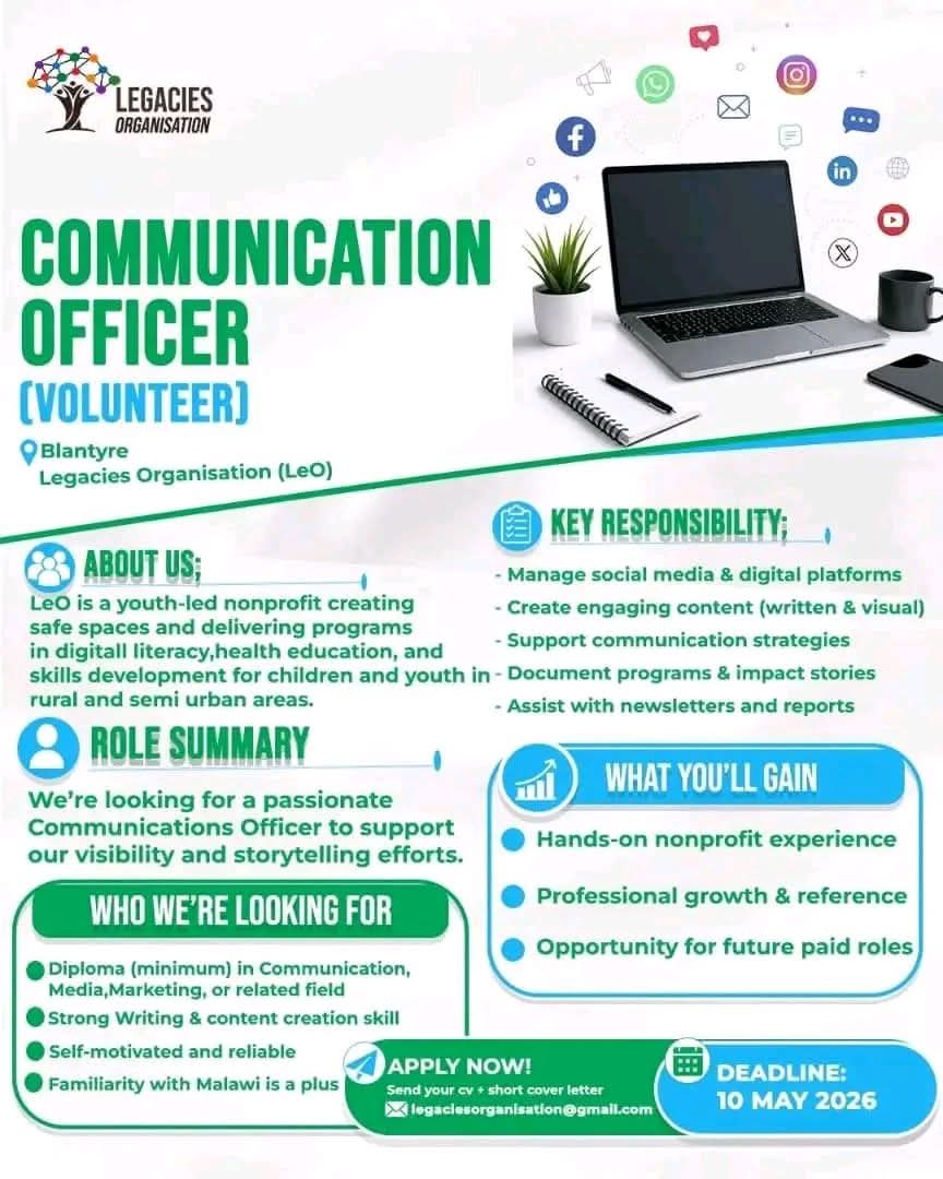 🌍 VOLUNTEER OPPORTUNITY – COMMUNICATION OFFICER (BLANTYRE)