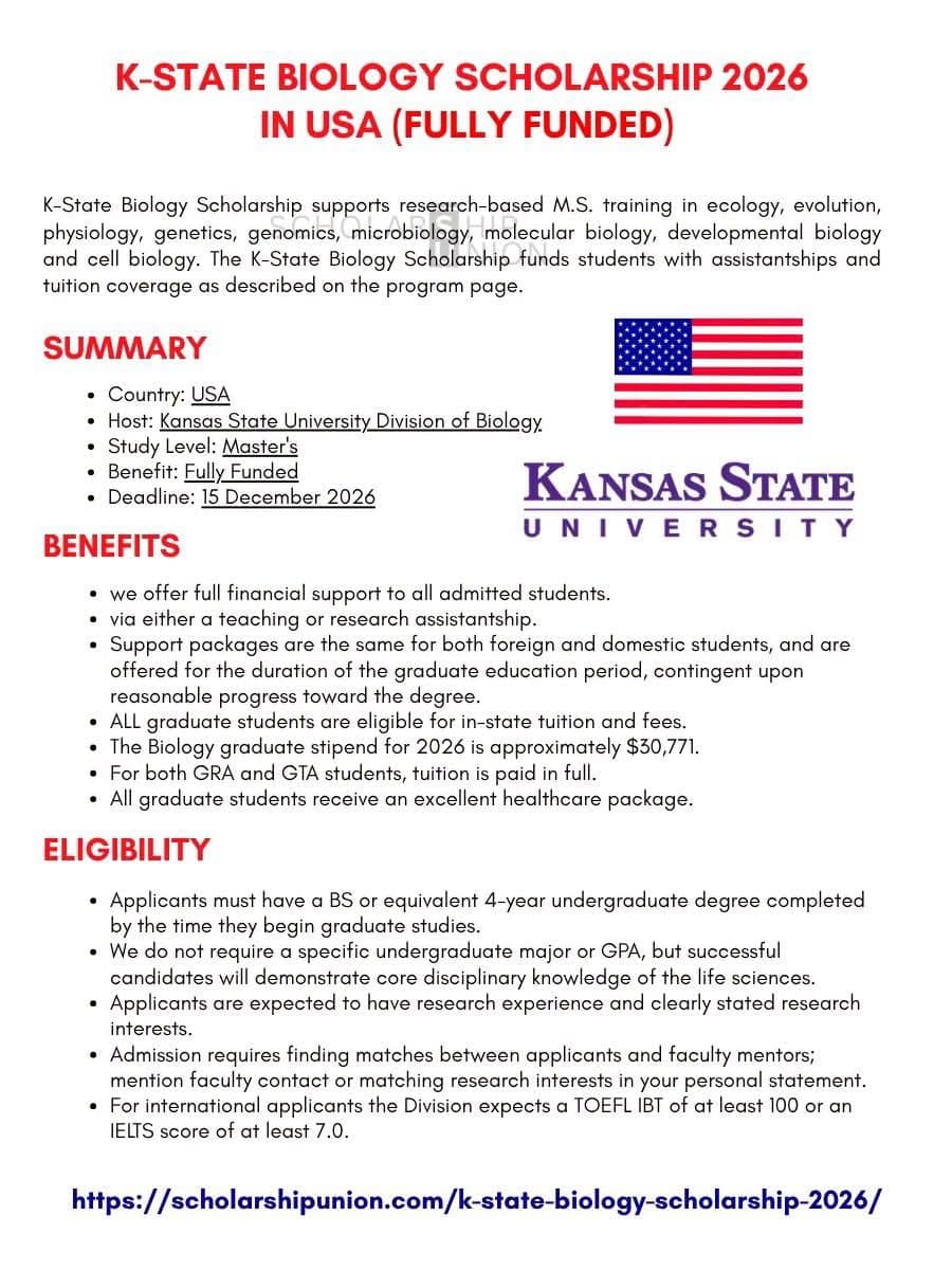 🇺🇸 K-STATE BIOLOGY SCHOLARSHIP 2026 — USA (FULLY FUNDED)