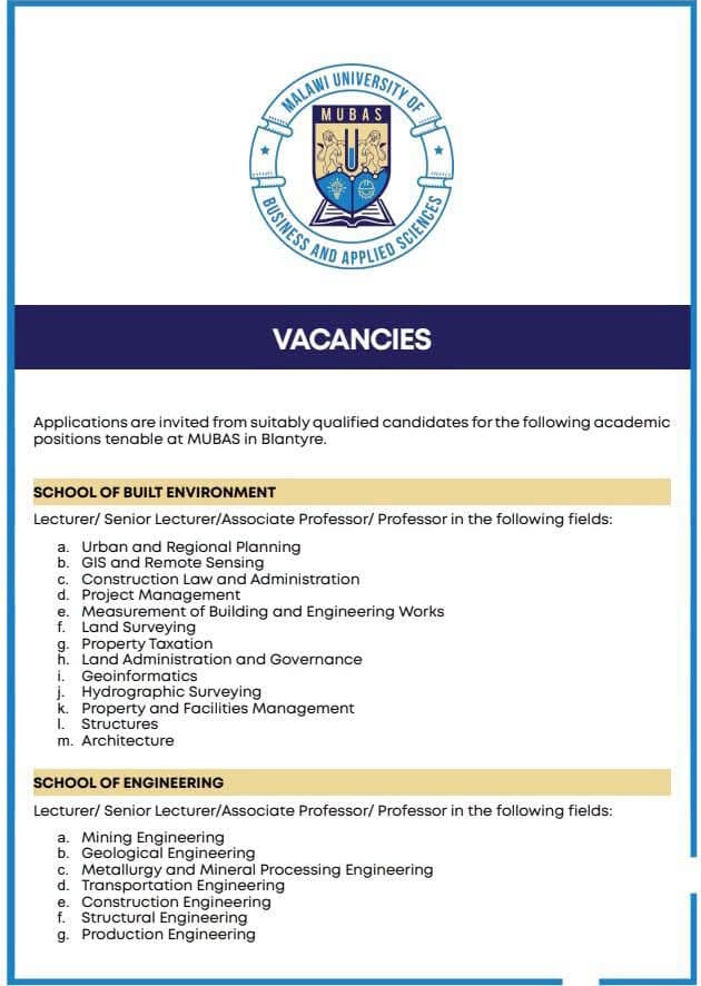 ๐ ACADEMIC VACANCIES (LECTURER / SENIOR LECTURER / ASSOCIATE PROFESSOR / PROFESSOR) โ MALAWI UNIVERSITY OF BUSINESS AND APPLIED SCIENCES (MUBAS)