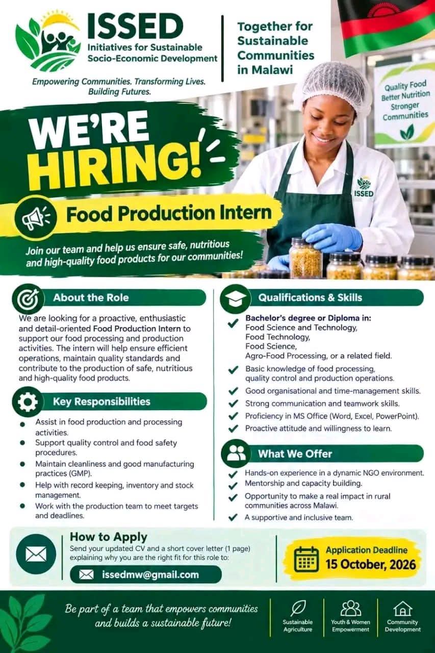🍯 FOOD PRODUCTION INTERN — ISSED (INITIATIVES FOR SUSTAINABLE SOCIO-ECONOMIC DEVELOPMENT)