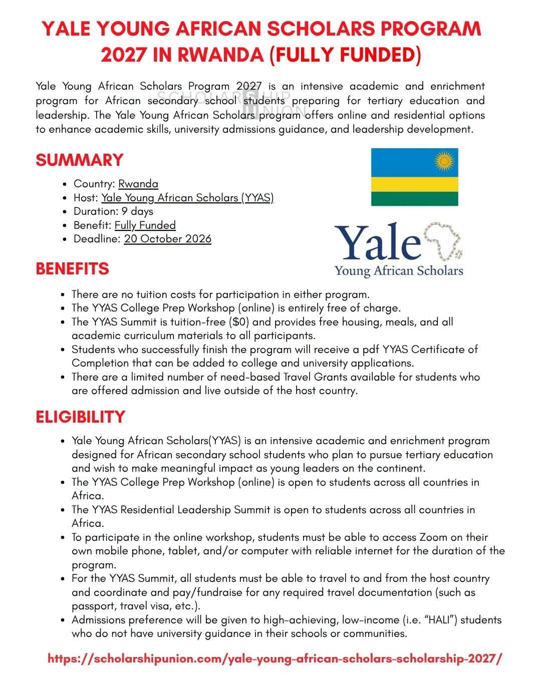 🇷🇼 YALE YOUNG AFRICAN SCHOLARS PROGRAM 2027 — RWANDA (FULLY FUNDED)