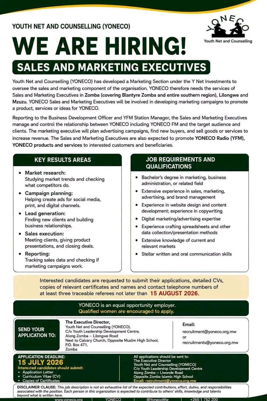 WE ARE HIRING - YOUTH NET AND COUNSELLING (YONECO)