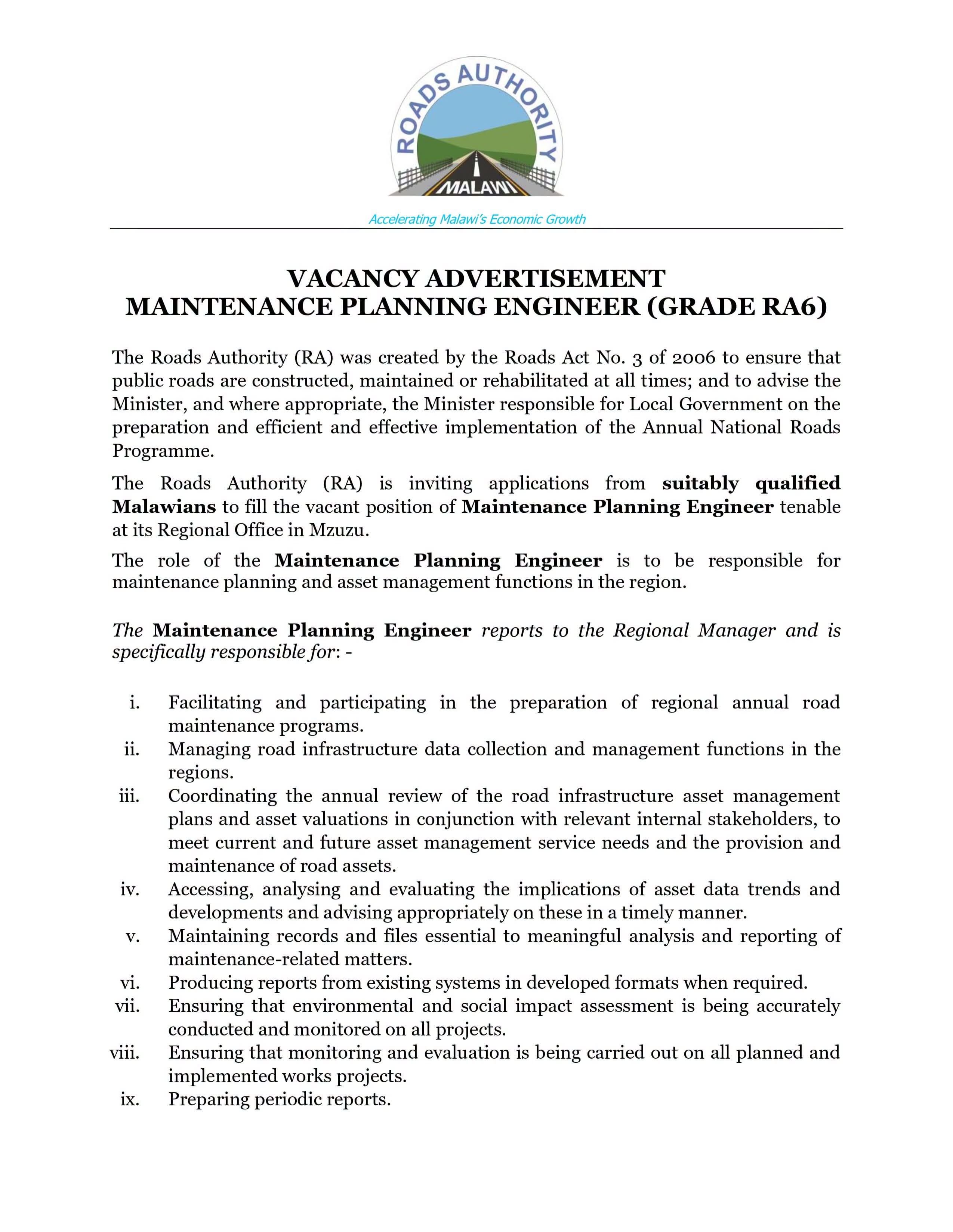 MAINTENANCE PLANNING ENGINEER (GRADE RA6) β ROADS AUTHORITY (RA)