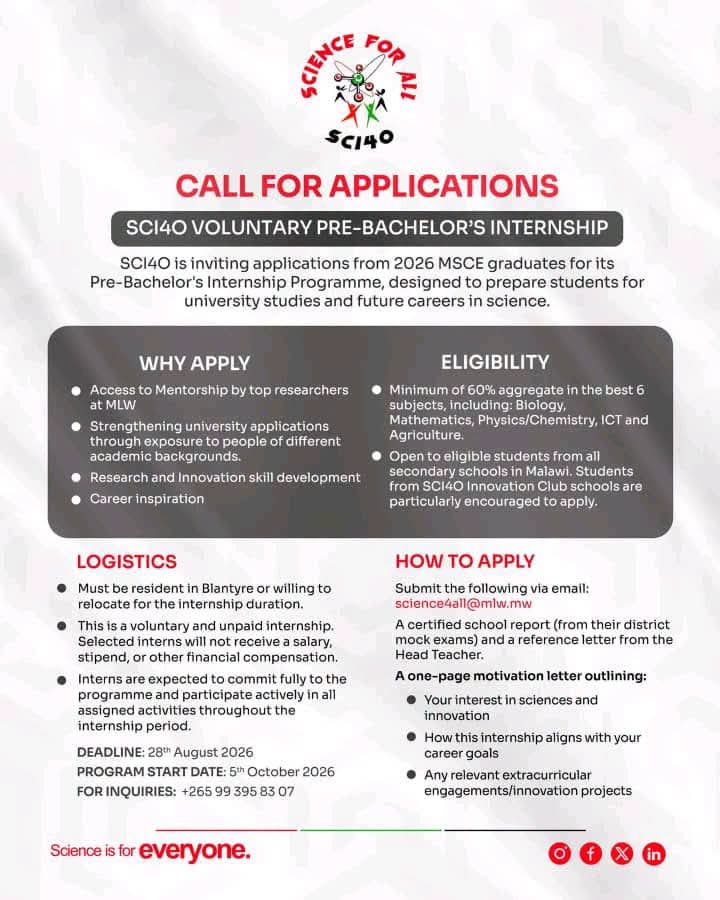 SCIENCE FOR ALL (SCI4O) - CALL FOR APPLICATIONS (SCI4O Voluntary Pre-Bachelor's Internship Programme)