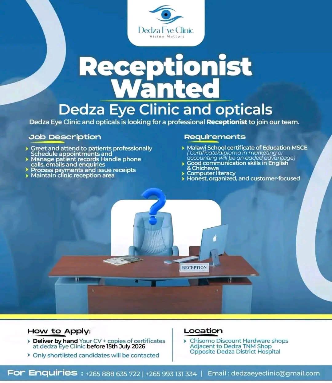 VACANCY ANNOUNCEMENT - Receptionist