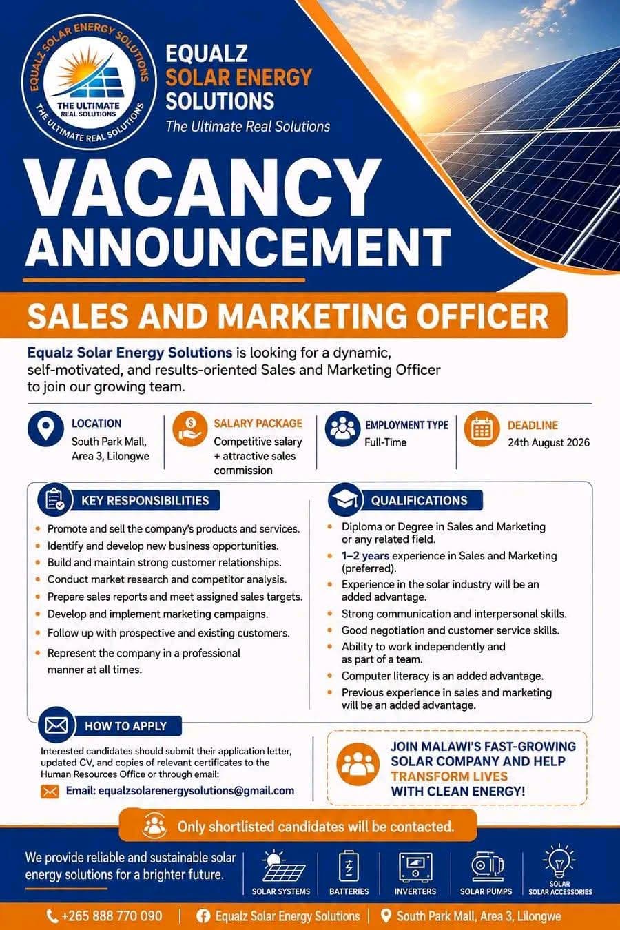VACANCY ANNOUNCEMENT - EQUALZ SOLAR ENERGY SOLUTIONS
