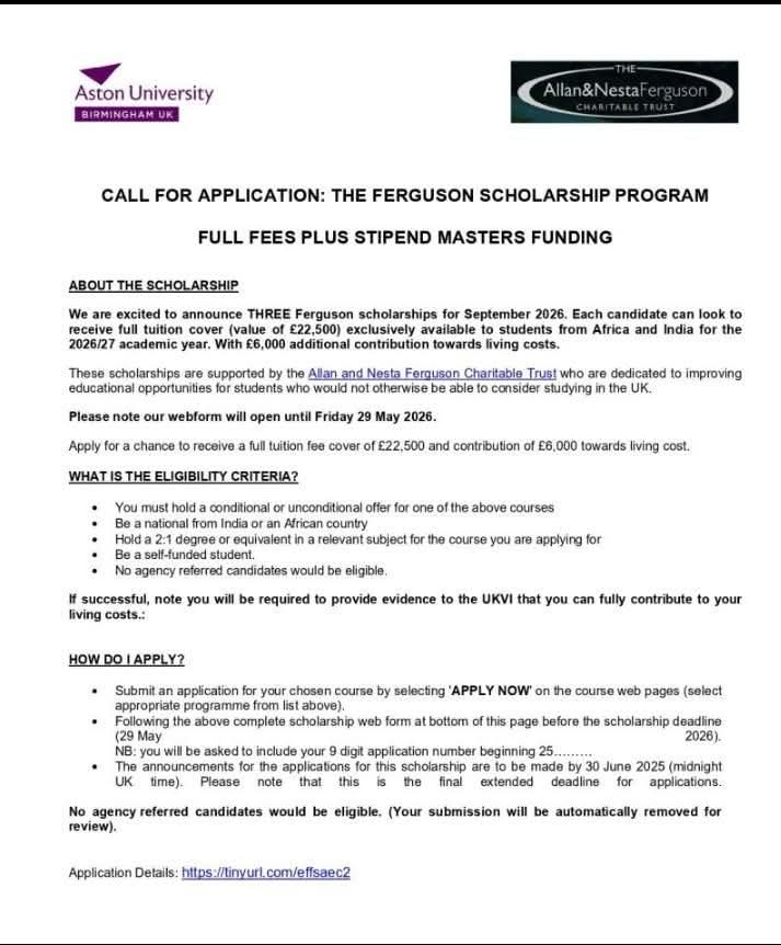 CALL FOR APPLICATION: THE FERGUSON SCHOLARSHIP PROGRAM