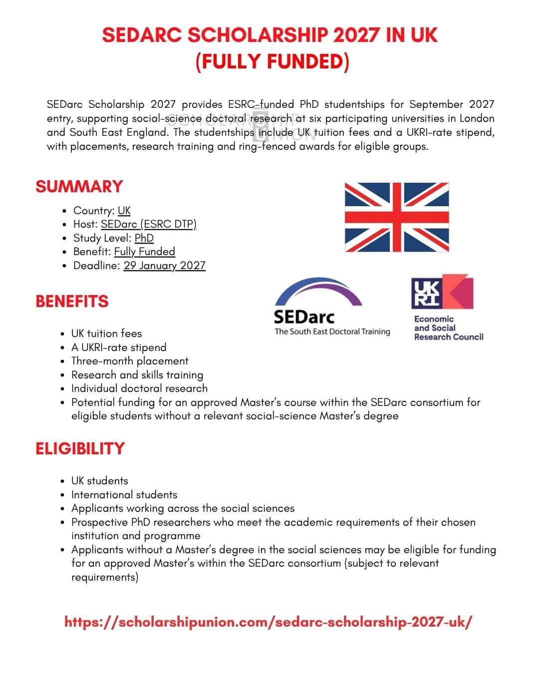 🇬🇧 SEDARC SCHOLARSHIP 2027 — UK (FULLY FUNDED)