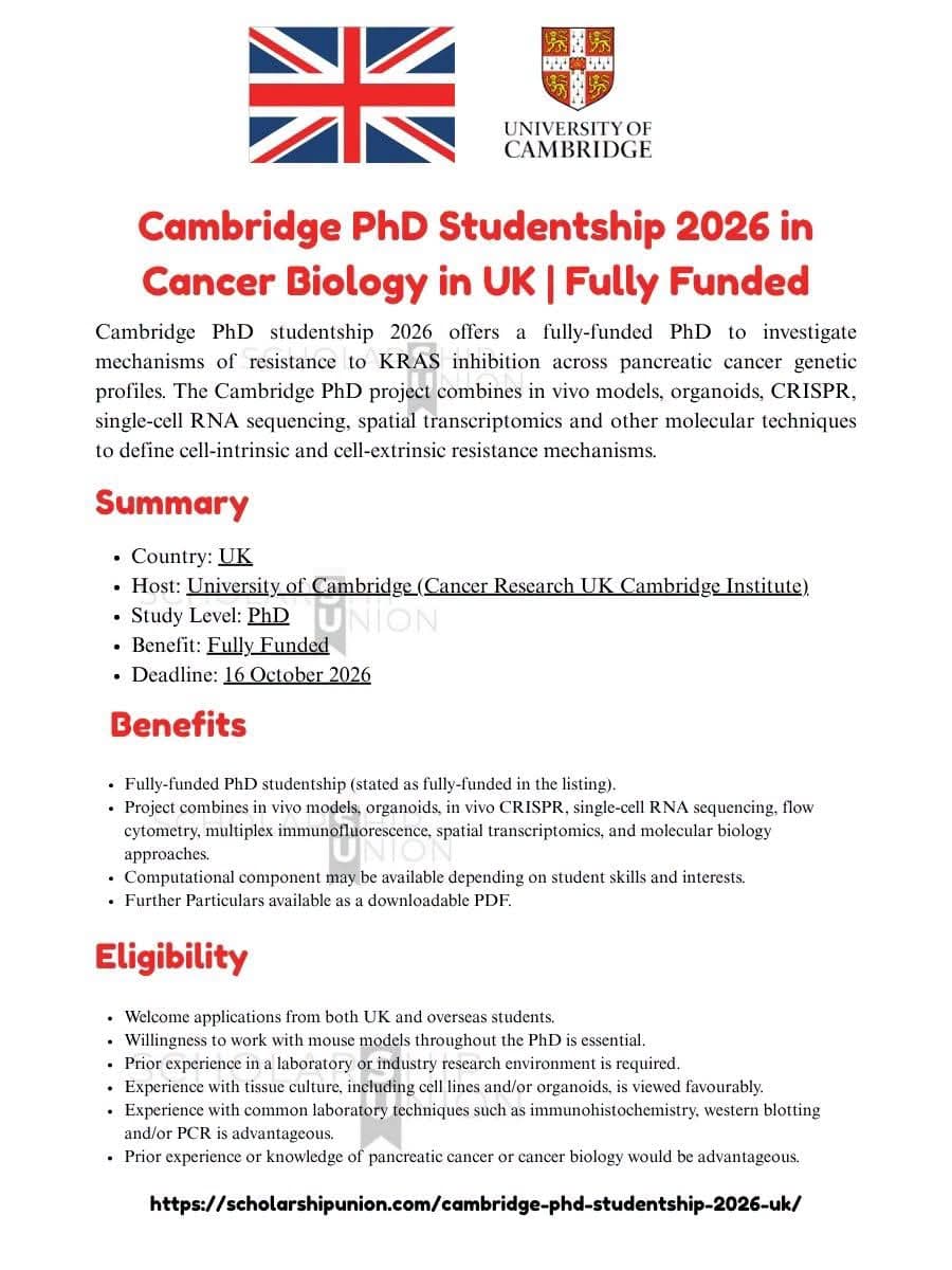 🇬🇧 CAMBRIDGE PhD STUDENTSHIP 2026 IN CANCER BIOLOGY — UK (FULLY FUNDED)
