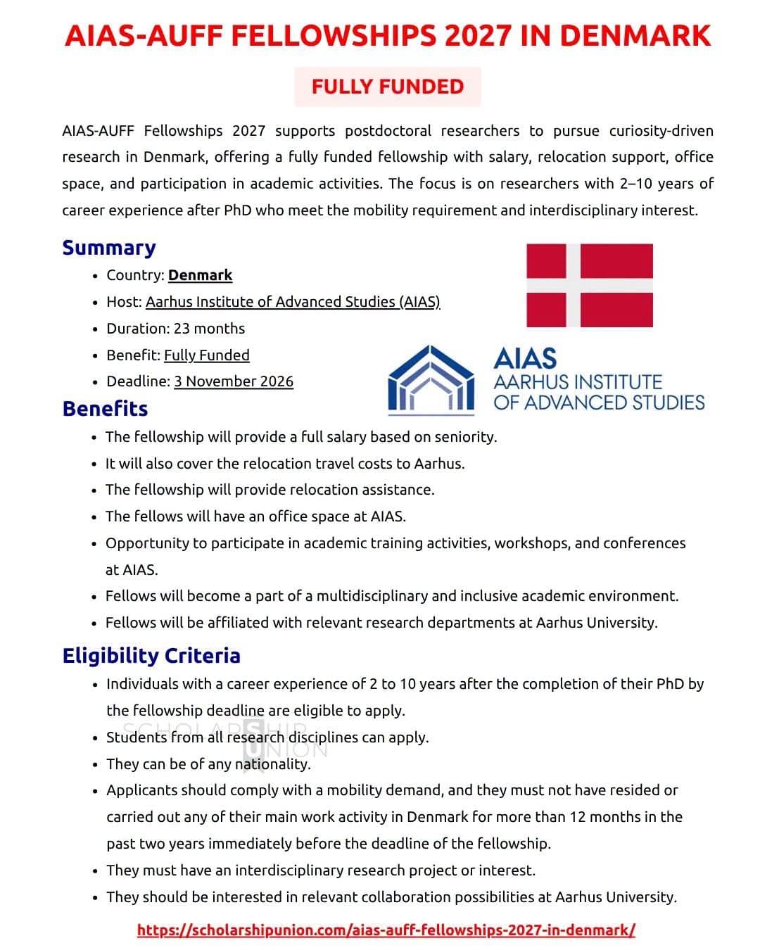 🇩🇰 AIAS-AUFF FELLOWSHIPS 2027 — DENMARK (FULLY FUNDED)