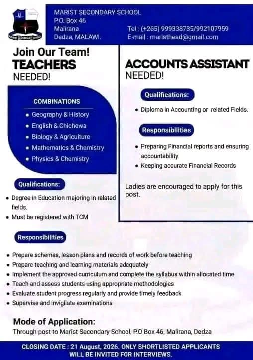 VACANCY ANNOUNCEMENT (MARIST SECONDARY SCHOOL) - Teachers and Accounts Assistant