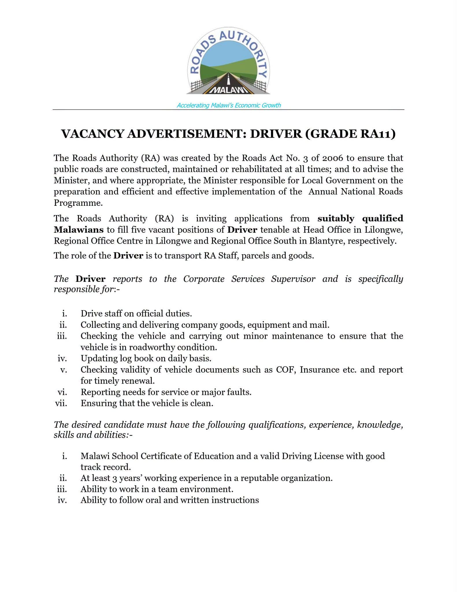 π DRIVER (GRADE RA11) β ROADS AUTHORITY (RA)