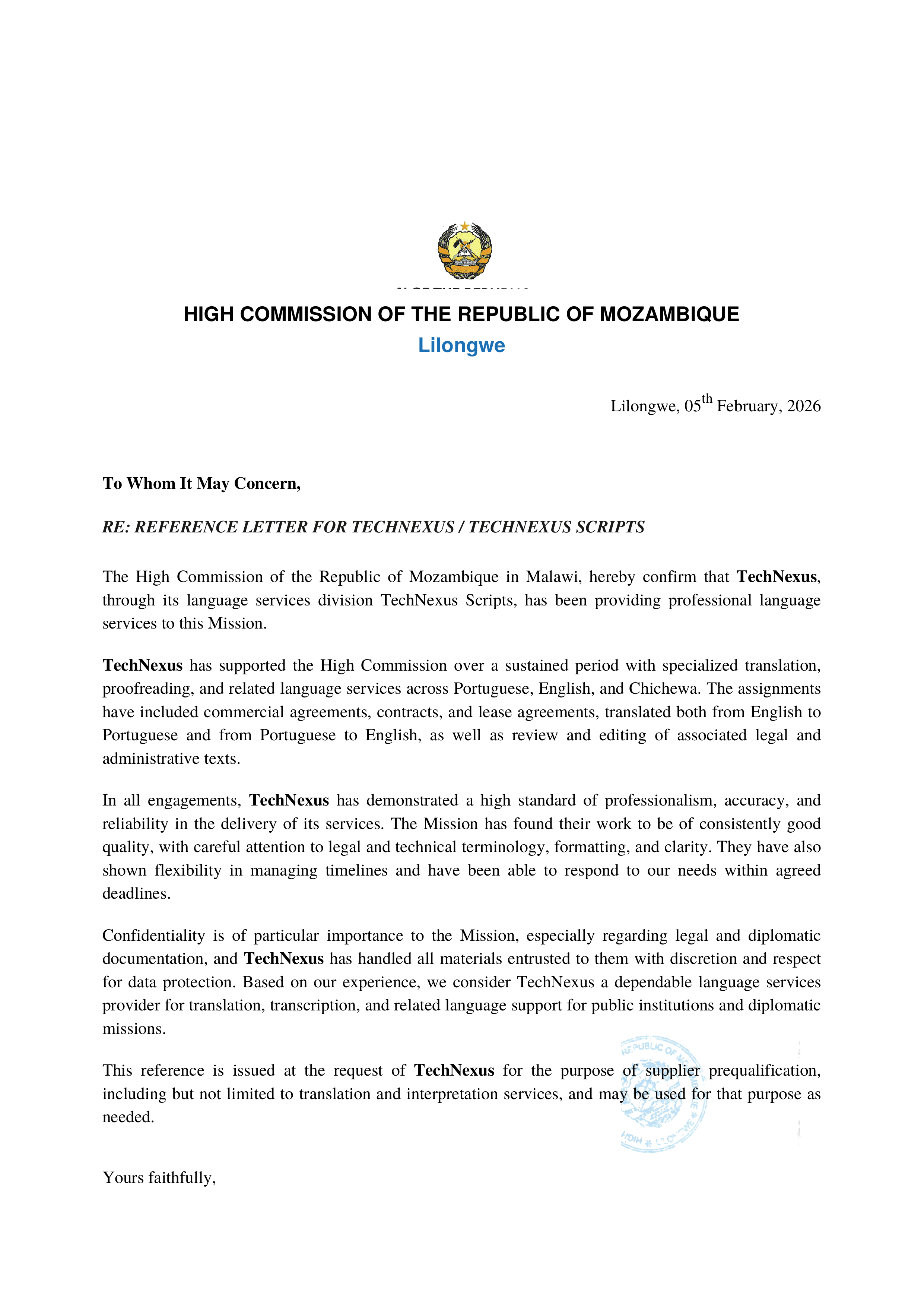 Official Reference Secured from Mozambique High Commission