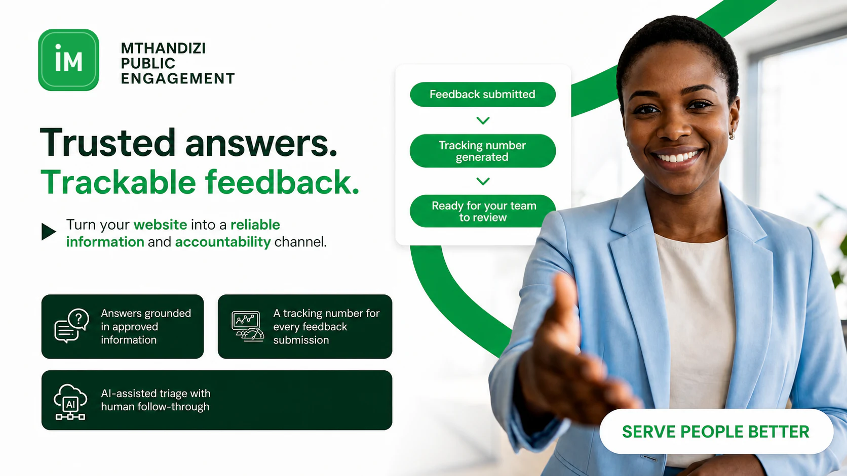 Mthandizi public engagement graphic showing grounded answers, a tracking number, and staff follow-through