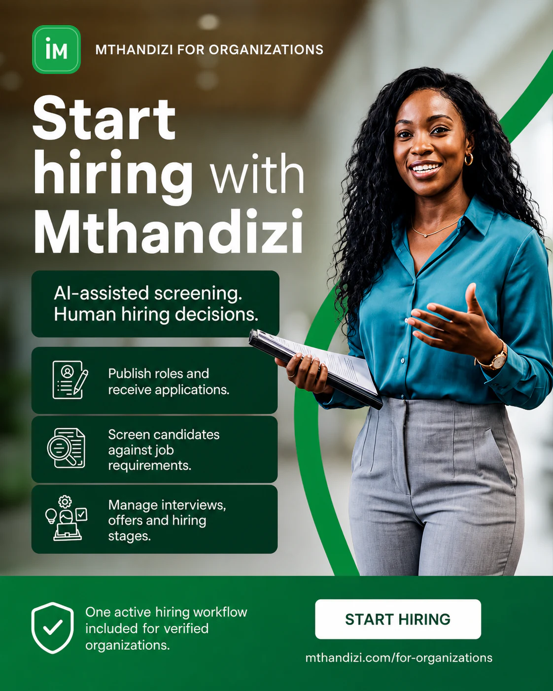 Mthandizi hiring graphic: publish roles, screen candidates, and manage interviews, offers and hiring stages